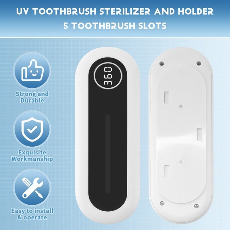 Esterilizador de Escovas de Dente, Suporte UV, 5 Compartimentos, Montagem na Parede, Sem Fio