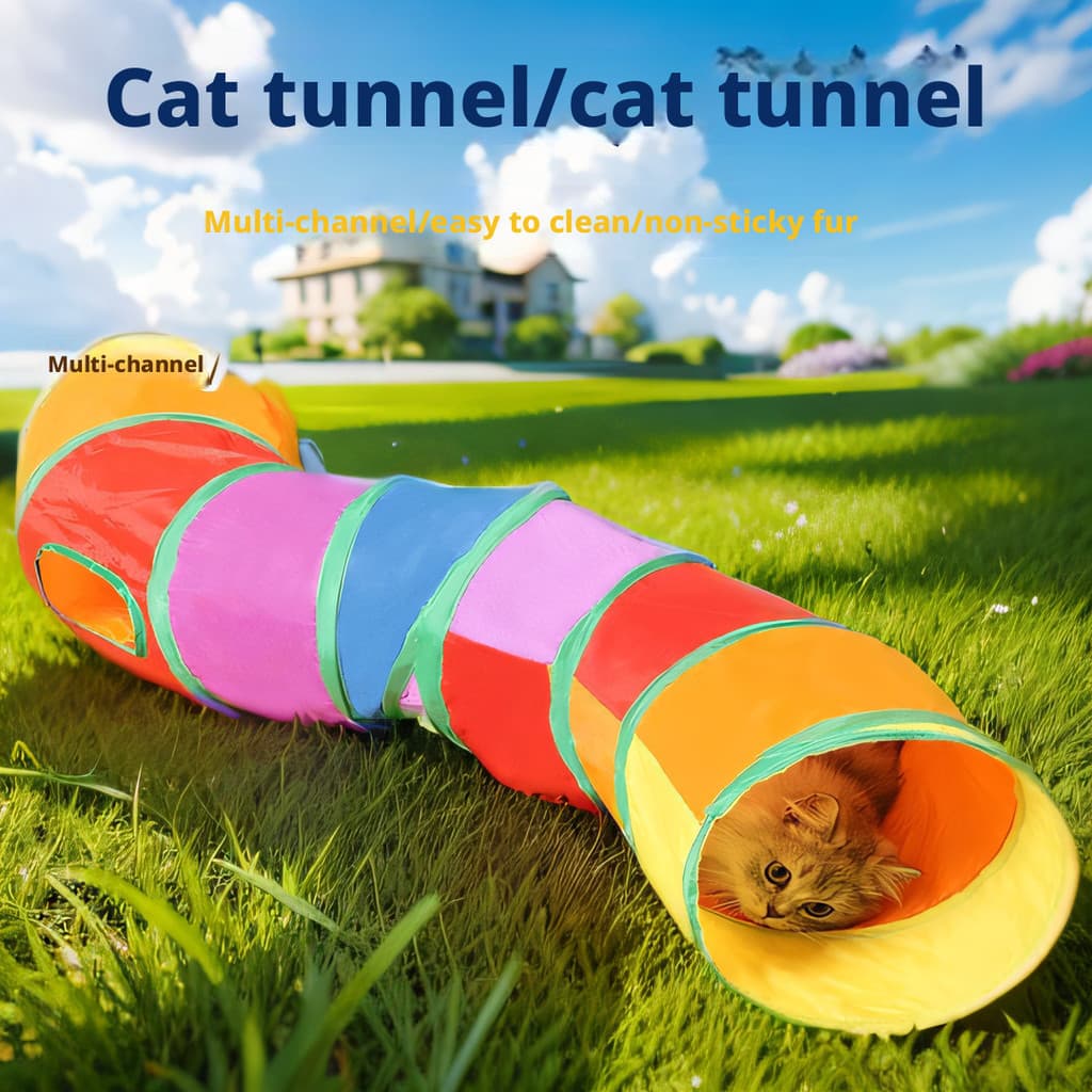 Túnel para gatos de estimação, canal arco-íris, desenho animado, balde de broca interativo, dobrável, brinquedo para gat