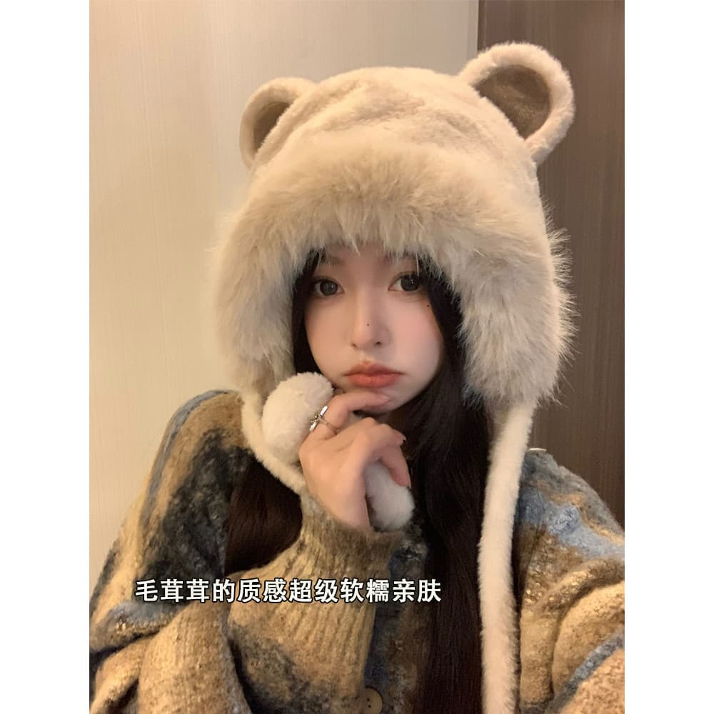 Chapéu de orelha de urso feminino inverno 2023 novo estilo moda peludo bonito meninas outono inverno quente chapéu de pe