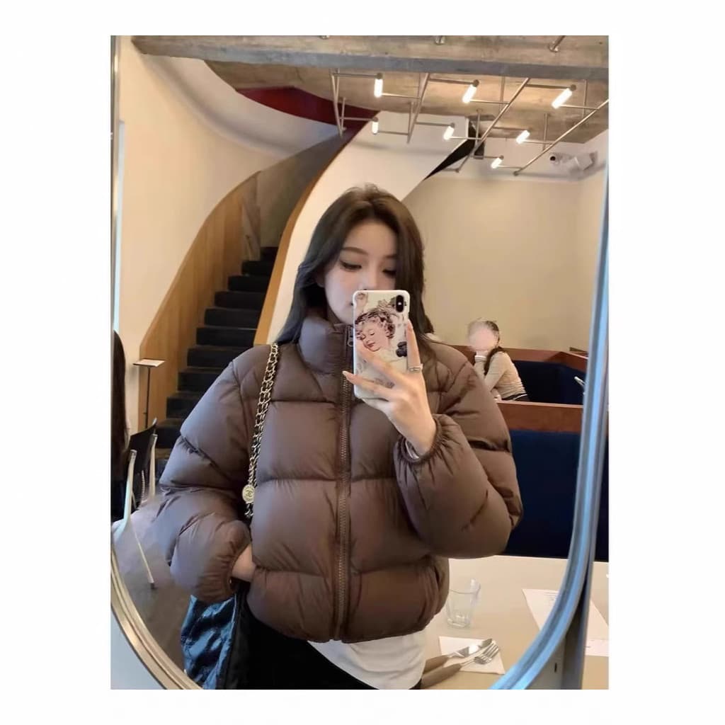 Kendou jaqueta curta feminina 2025 novo estilo pequeno grosso solto pão jaqueta gola jaqueta de inverno marrom