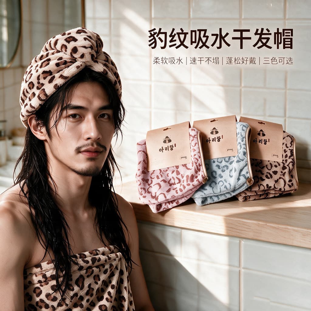 Arirang leopardo impressão absorvente touca de secagem de cabelo de secagem rápida não-colapso macio Shampoo boné três c