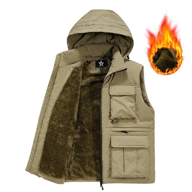 Colete Cargo Masculino De Lã Grossa , Quente , Sem Mangas , Com Capuz , Casaco Tático , Bolsos , Roupa De Trabalho