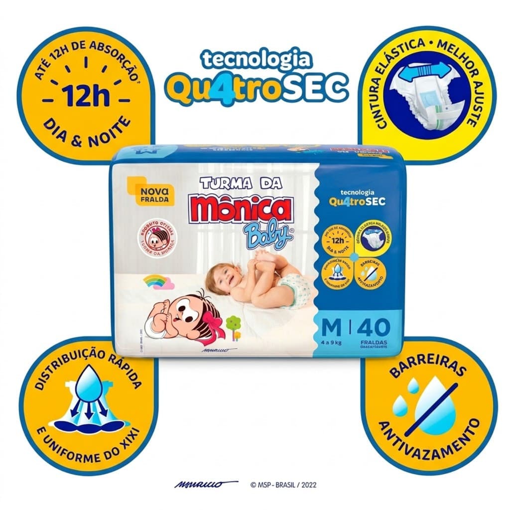 Fralda Descartável Turma da Mônica Baby M | 40 Unidades | Super Conforto Dia e Noite | 4 a 9 kg