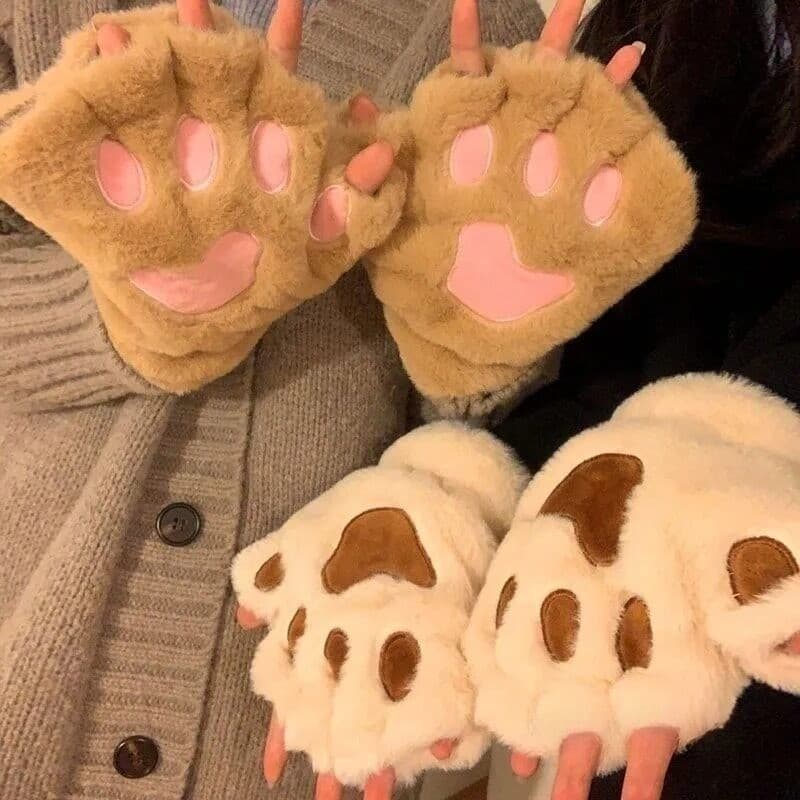 Luvas De Pelúcia Femininas Da Moda De Inverno , Quentes De Meio Dedo Com Design De Pata De Gato , Adequadas Para Uso Em