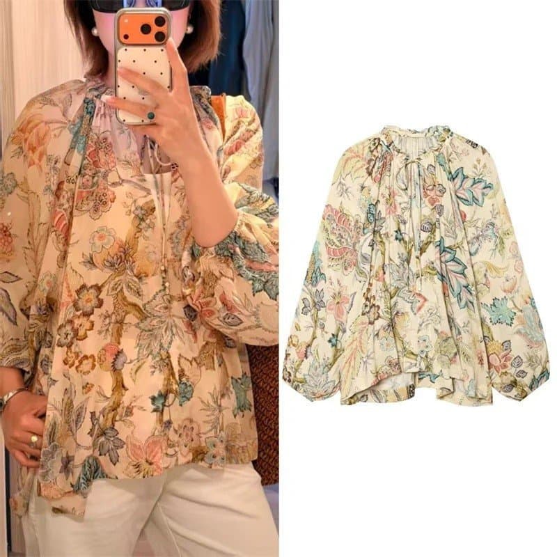 Blusa Feminina 2026 Verão Nova Estampada de Manga Longa Solta, Estilo Romântico Campestre para Férias na Praia