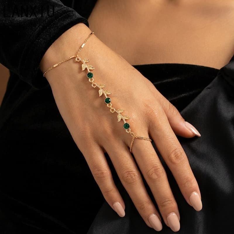 Anel de Jade Elegante Cor Dourada LANXIU, Anel de Cristal, Conjunto de Pulseira e Anel J37C FWIT