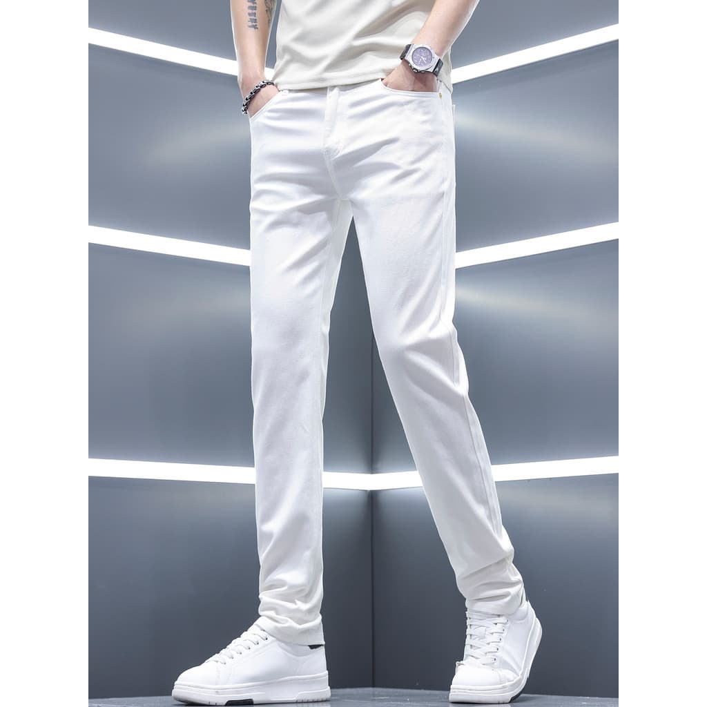 2029 novo estilo High-End calças masculinas casuais calças masculinas verão fino calças Jeans cor clara leite branco