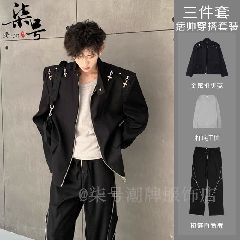 Americano High street ombro acolchoado Blazer masculino Metal avião fivela Design jaqueta outono rufião bonito frito rua