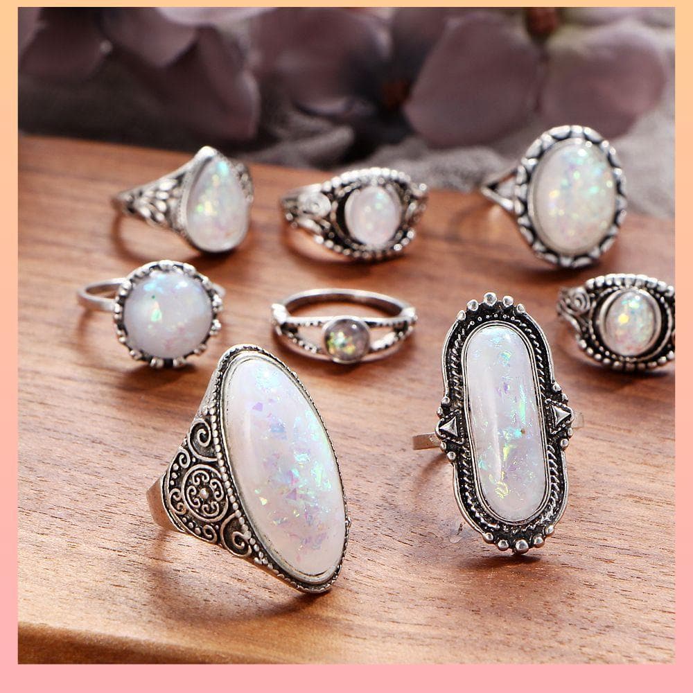 8 Pcs/Conjunto De Anéis Femininos De Pedra Preciosa Cor De Prata Branca Transparente Jóias Boêmias