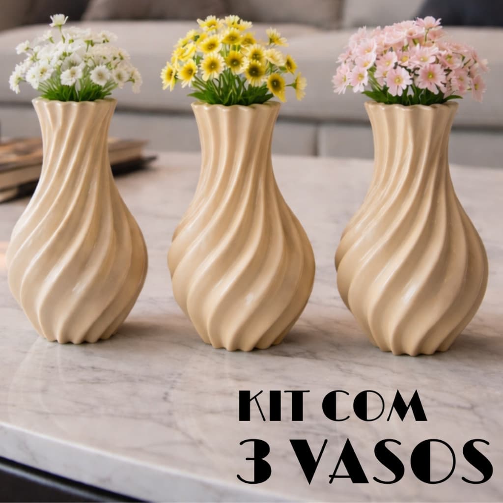 Kit 3 Vasos Decorativos Espiral 3D Moderno para Sala e Mesa Decoração Plantas e Flores