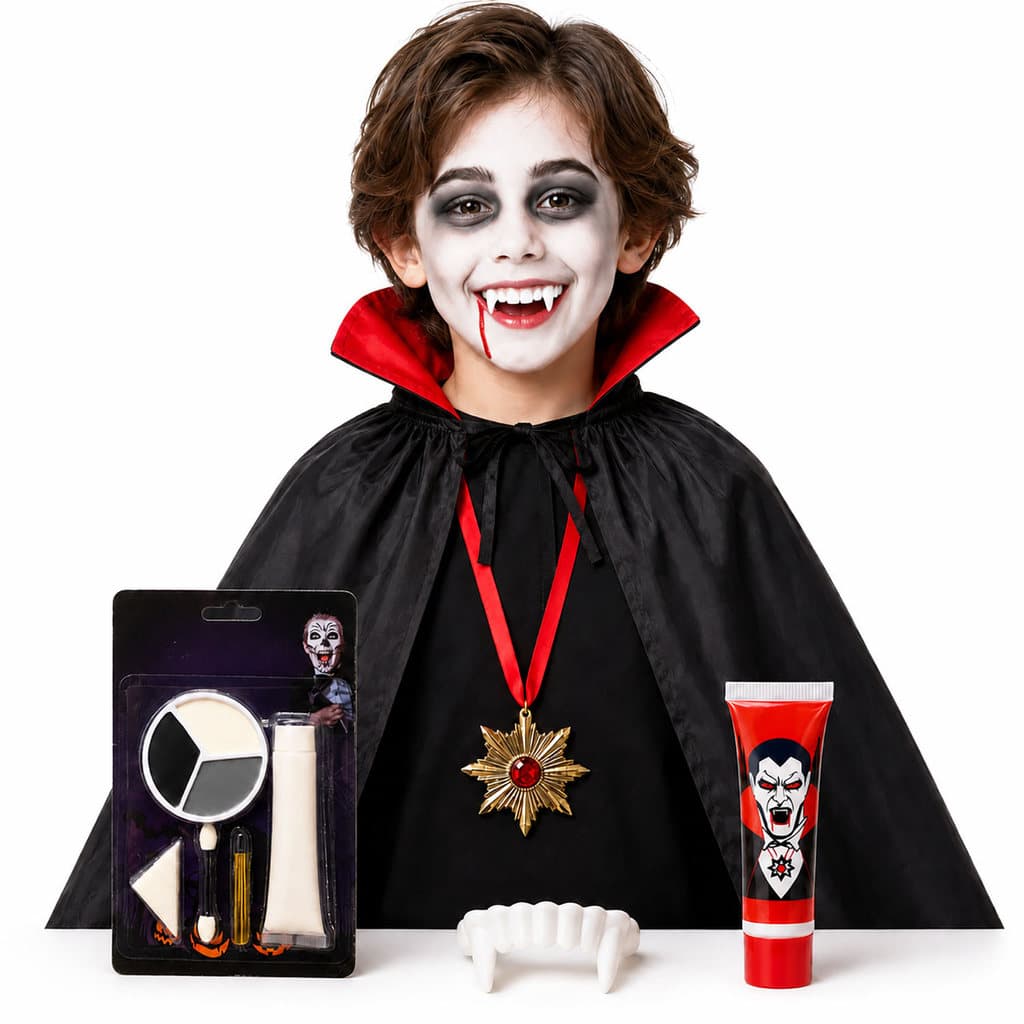 Fantasia Infantil Vampiro Drácula Halloween com Capa, Maquiagem, Dentadura, Medalhão e Sangue Falso