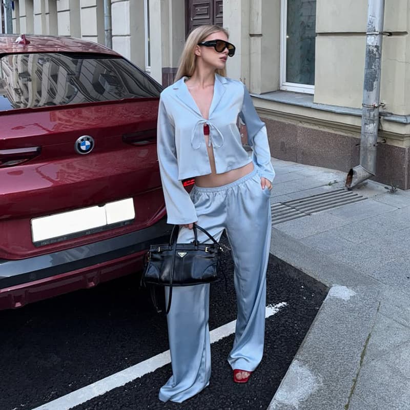 conjunto feminino Cetim Francês Manga Comprida Rendas Até cardigan Calças Largas casual De Duas Peças
