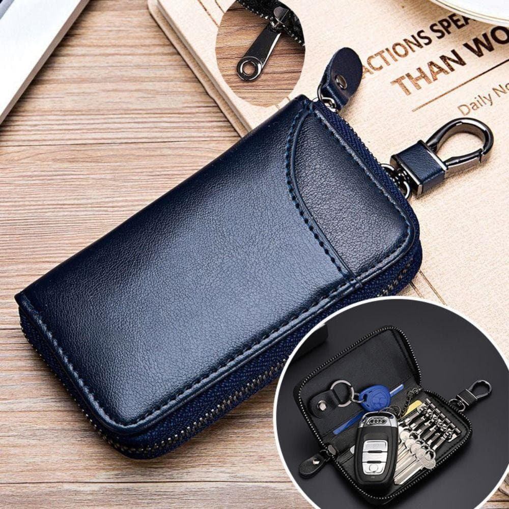 Estojo para chaves em couro PU, carteira portátil para carro com zíper, bolsa de armazenamento simples em cor sólida.