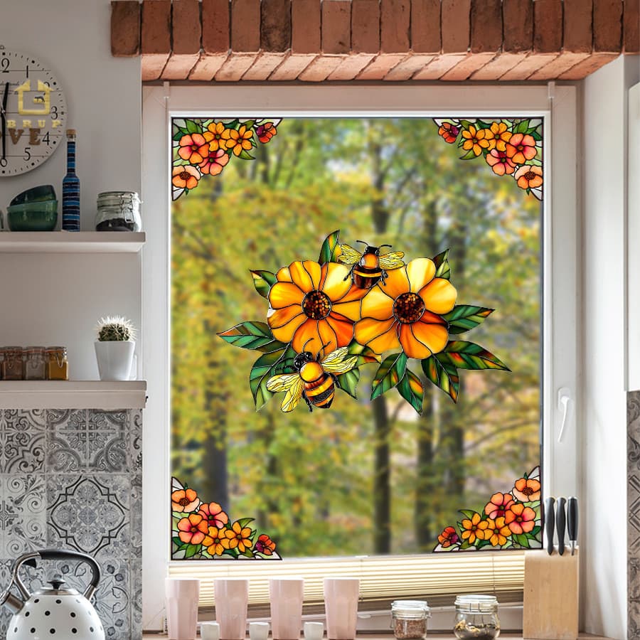 Adesivos de parede Retro estilo nórdico girassol flor auto-adesivo estático janela adesivos de parede para casa adesivos