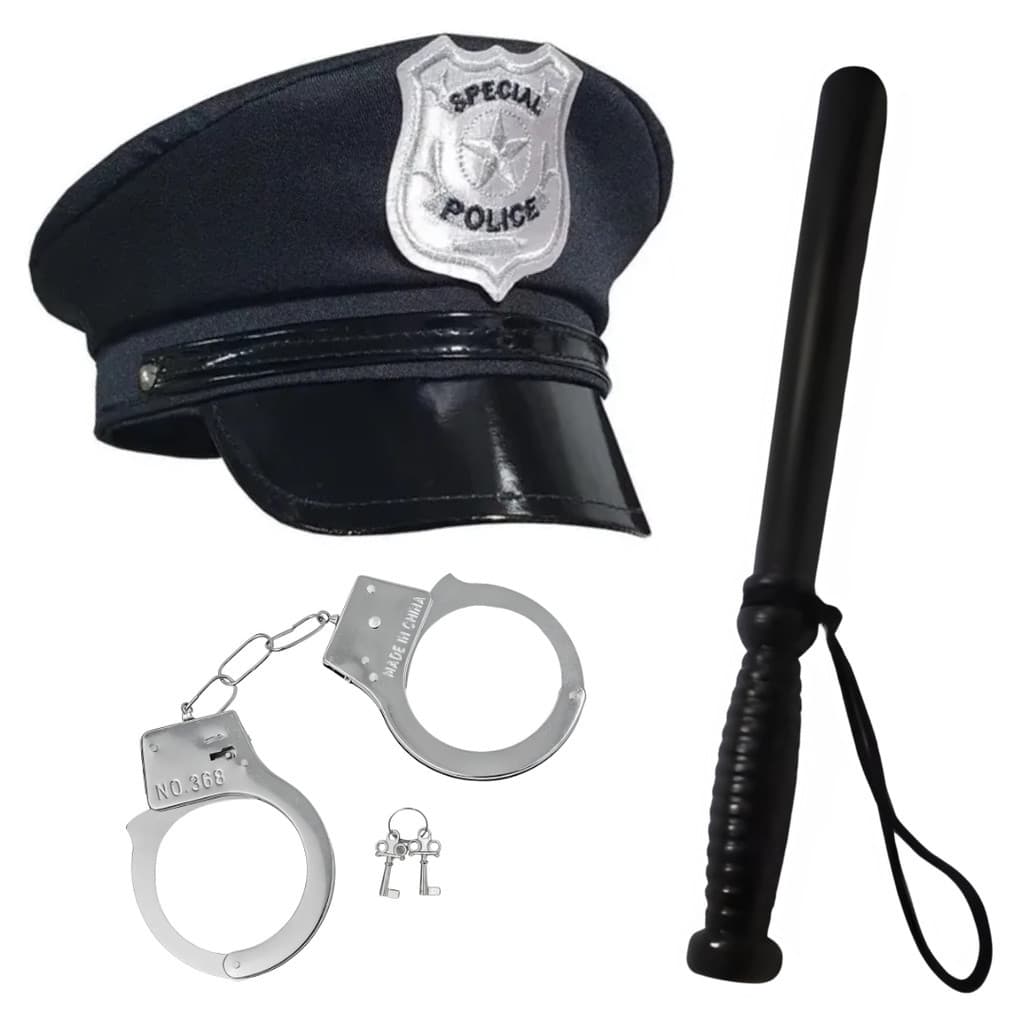 Kit Fantasia de Policial Chapéu Cacetete e Algema