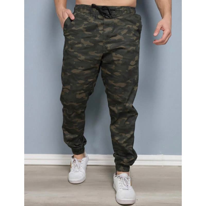 Calça Jogger Camuflada Verde Militar Sarja Slim Com Punho Elastico Masculino