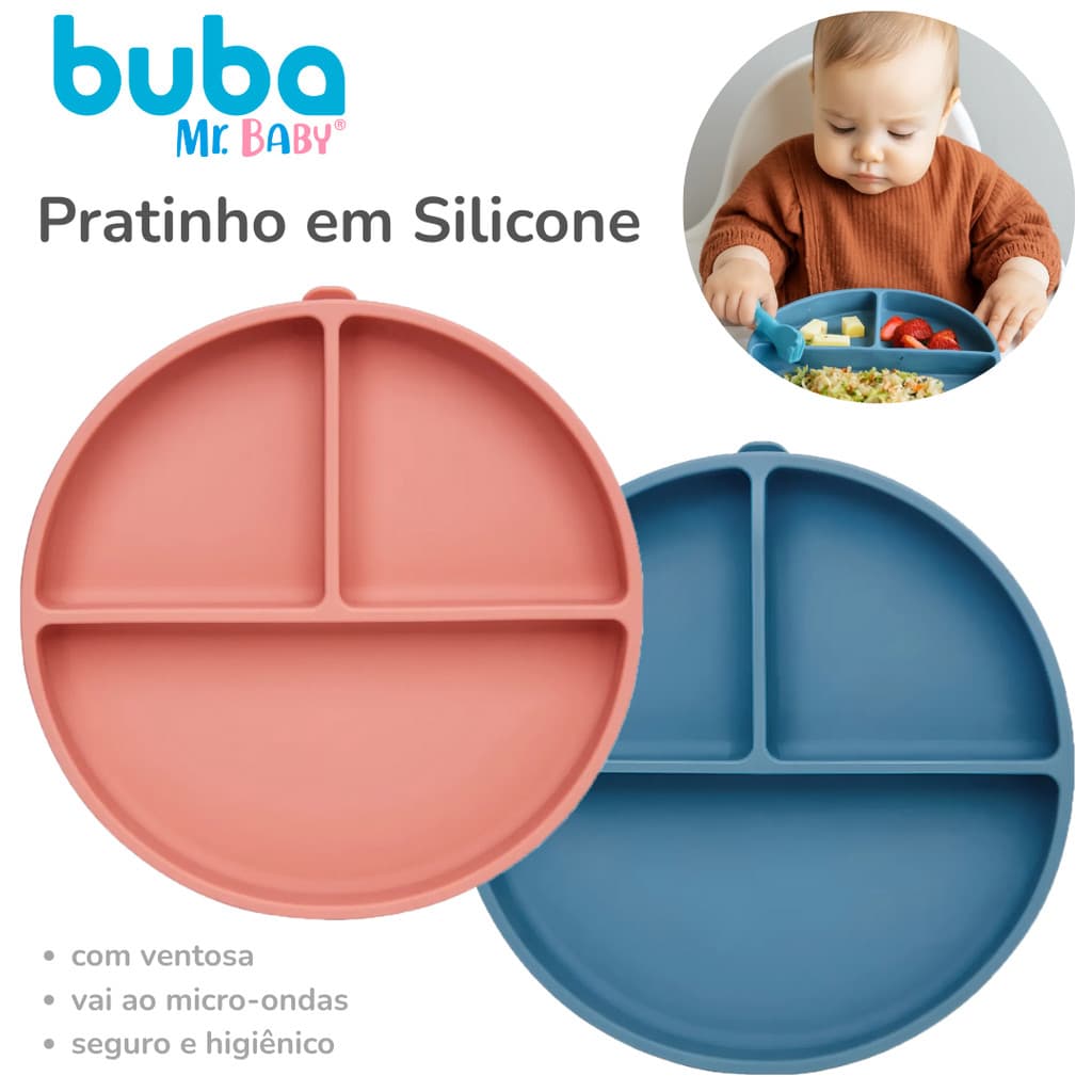 Pratinho em Silicone com Divisória e Ventosa Buba Macio Prato Bebê Lançamento