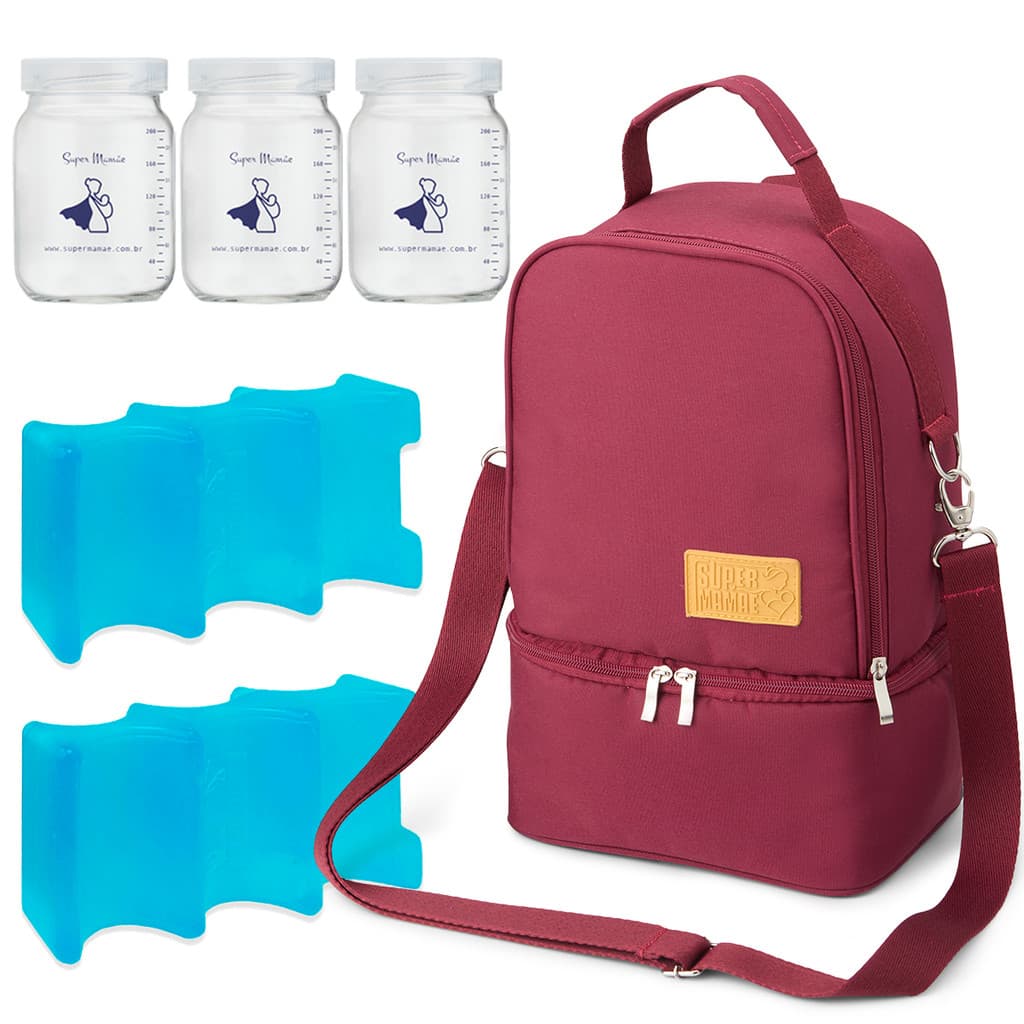 Mochila Térmica Amamente+ Duo Ice com 3 Potes de Vidro 200ml para Leite Materno Super Mamãe