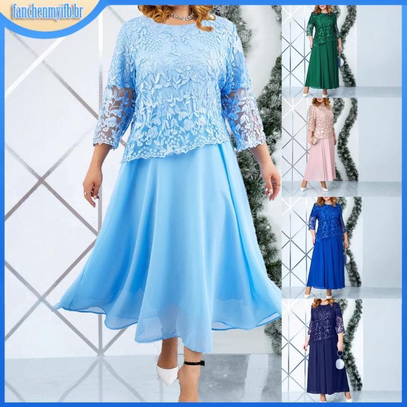Vestido Longo Plus Size Chiffon Bordado Floral Renda Maxi Elegante Manga Redonda 3/4