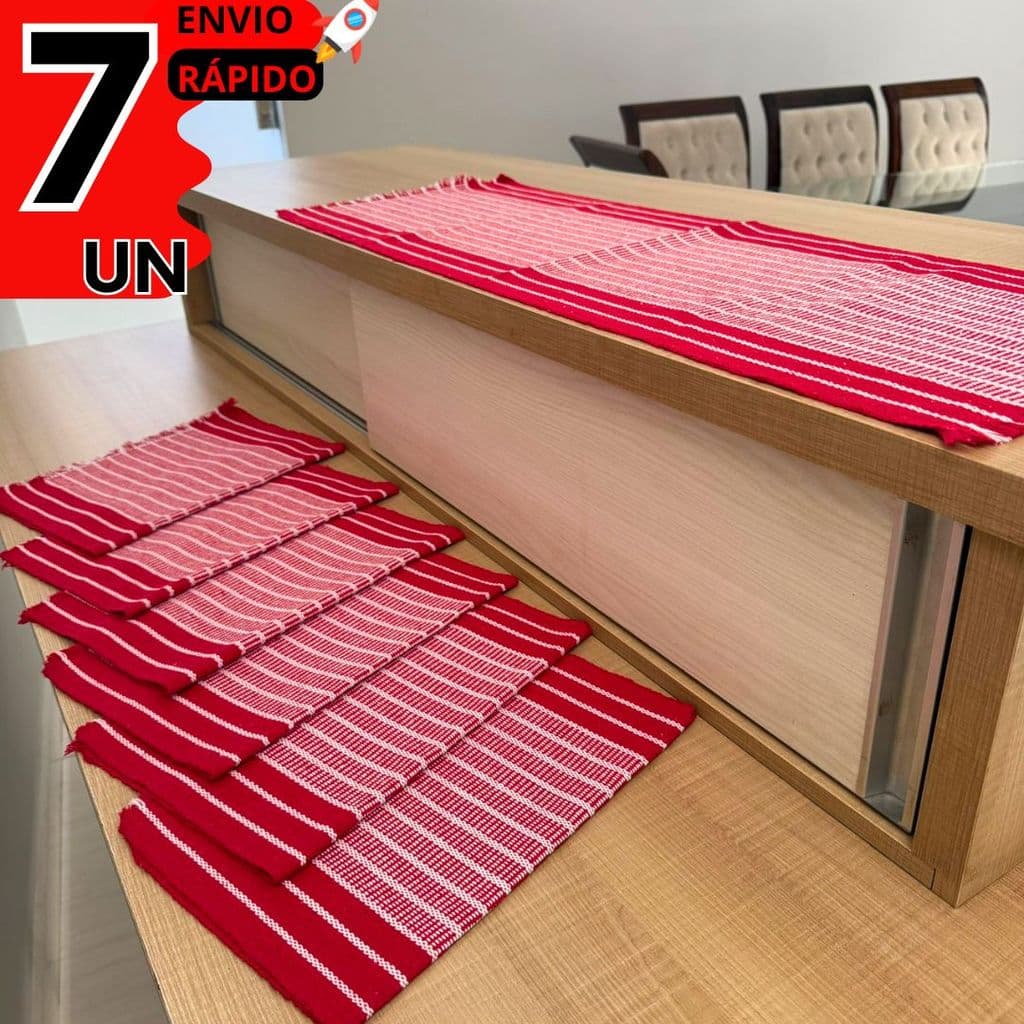 Kit Caminho de Mesa + 6 Jogos Americanos Vermelhos Natal Listrados – 7 Peças Decorativas -Mesa Posta