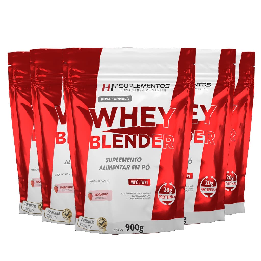 5X WHEY BLENDER CONCENTRADO MORANGO 900G HF SUPLEMENTOS
