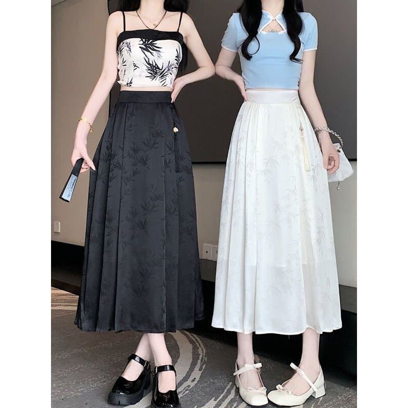 Novo estilo chinês Jacquard cintura alta mais magro olhar saia plissada feminina primavera outono verão novo estilo esti