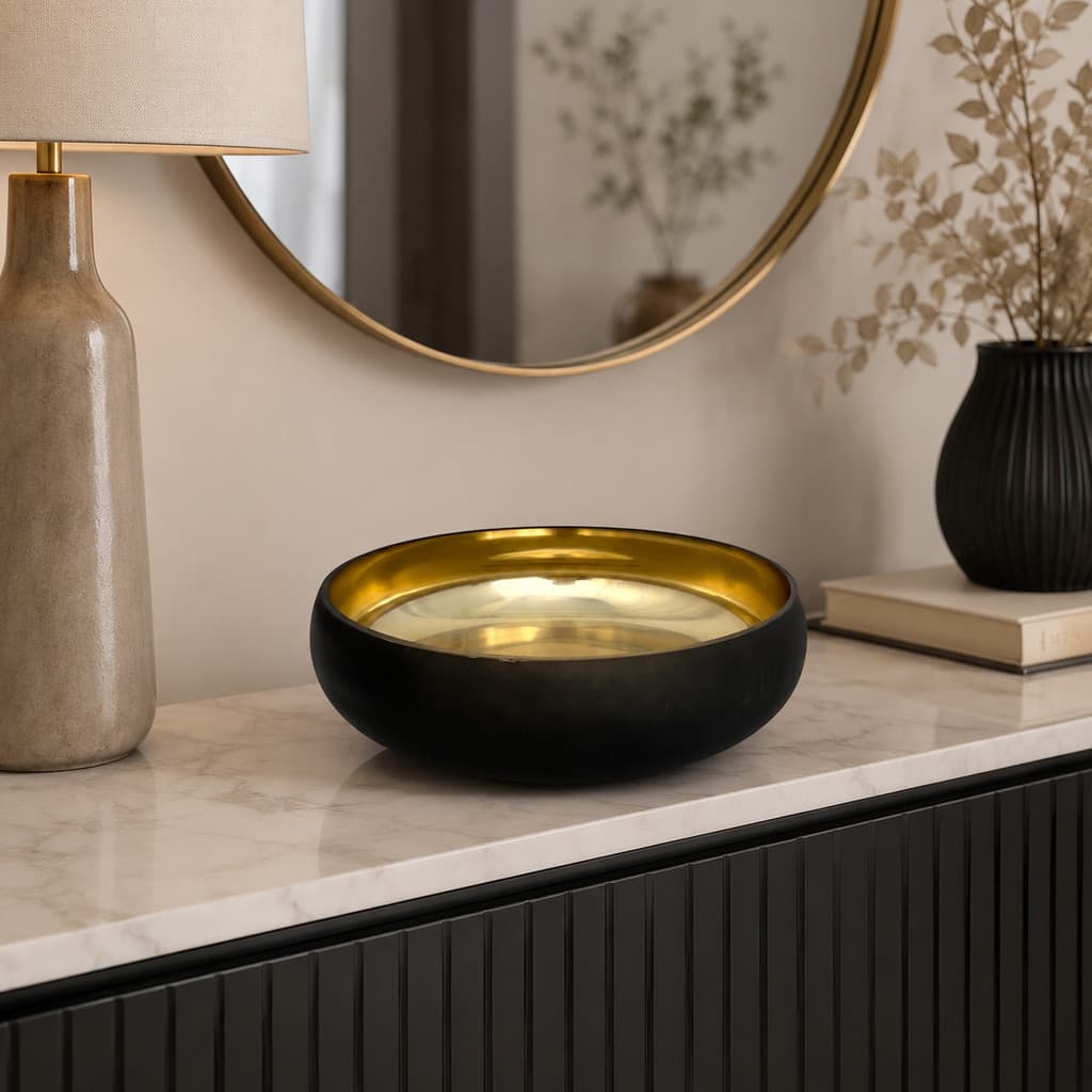 Centro de Mesa de Vidro Fruteira Preto Com Dourado Decoração 28cm