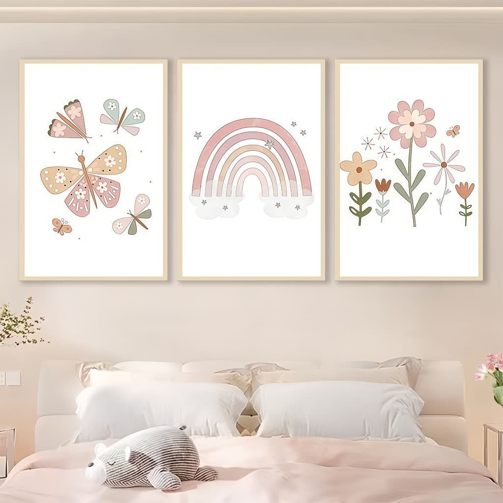 Quadro Decorativo 3 Peças Flores Borboletas Sol Nuvem Rosa Decoração Para Quarto Infantil Menina Bebê Feminino Parede