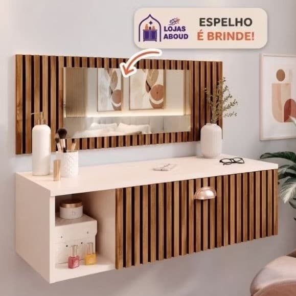Penteadeira Suspensa com Espelho Gaveta com Divisória Nicho e Puxador Concha Make Up Moderna