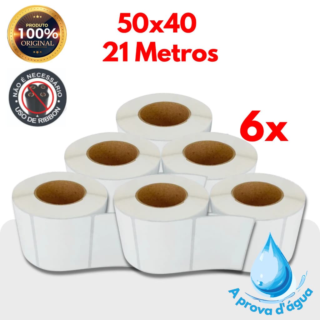 6  Rolos de etiqueta termica a prova d'água 50x40 21 metros