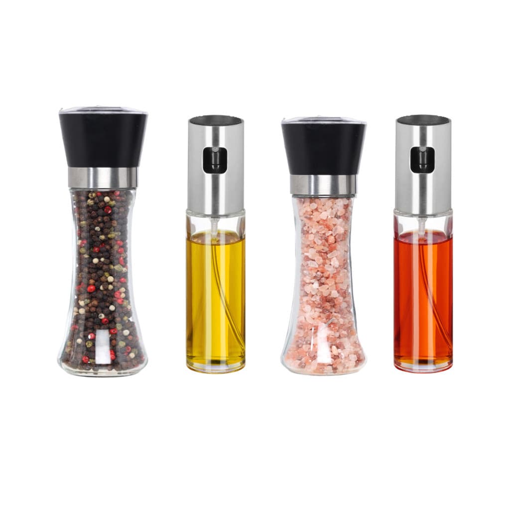 Conjunto  Moedores Sal Pimenta +  Galheteiros Spray Azeite e Óleo – Vidro Reforçado Cozinha e Mesa