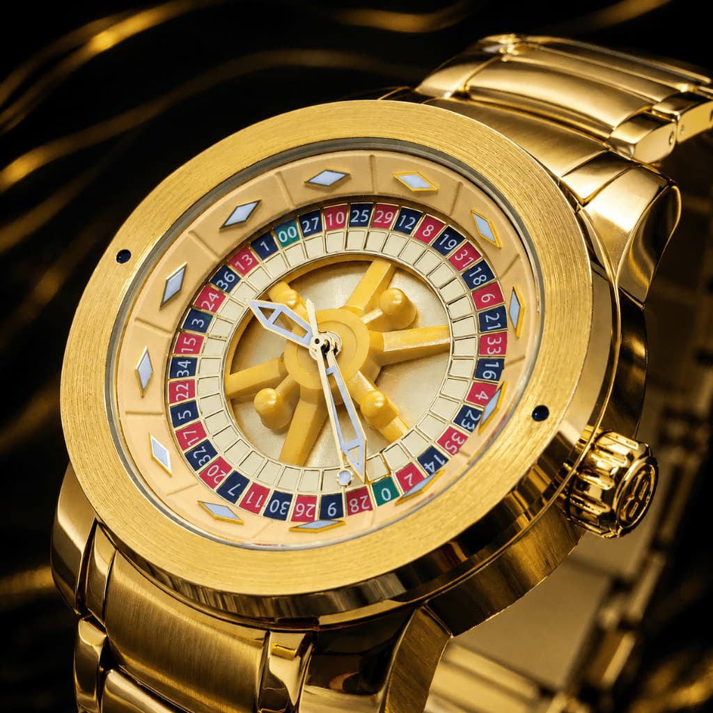 Relógio Masculino Cassino Roleta Giratória Dourado Pulseira Inoxidável Folheado Elegante Luxo Caixinha elegante..