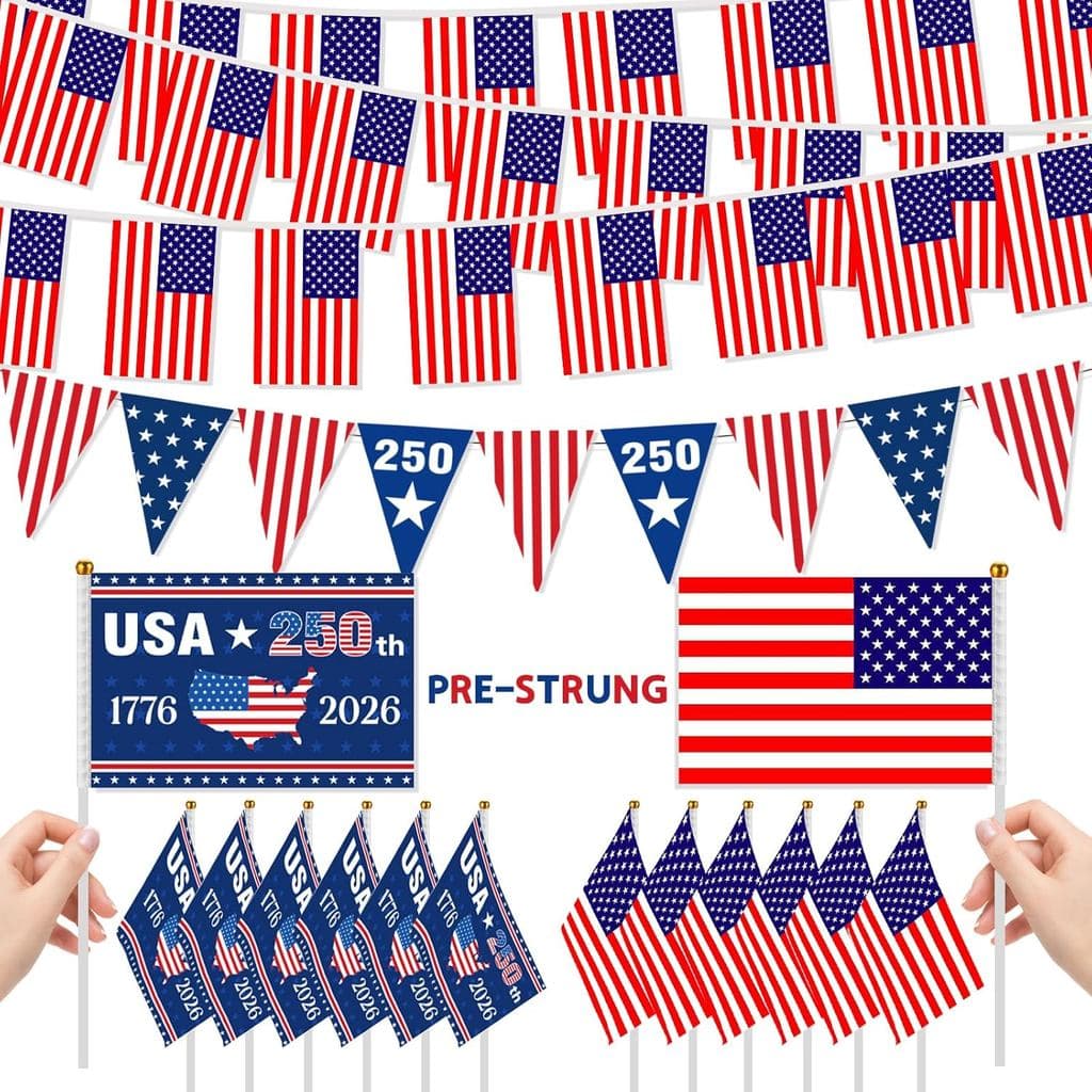Decorações para o 250º Aniversário, Bandeiras dos EUA para o 250º Aniversário, Incluindo 12 Pequenas Bandeiras Americana