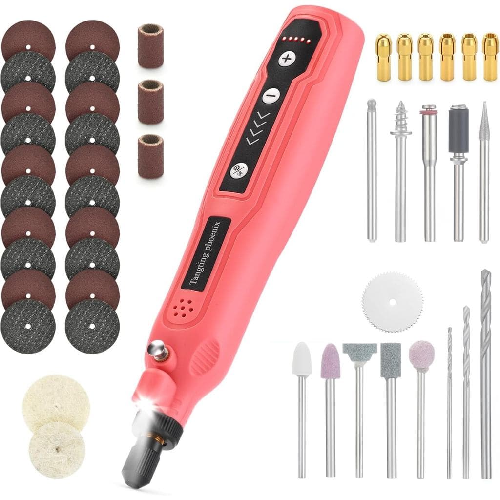 Mini Cordless Rotary Tool, 5-Speed 3.7V Rechargeable with Top LED (No Shadow), 45-Pc Engraving & Polishing Kit for Wood