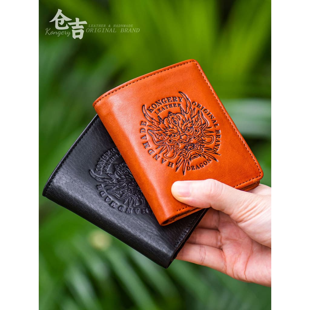 [Prosperity da Fortuna] Carteira Pequena Retro!Cangyo feito à mão de primeira camada de couro masculino feminino carteir