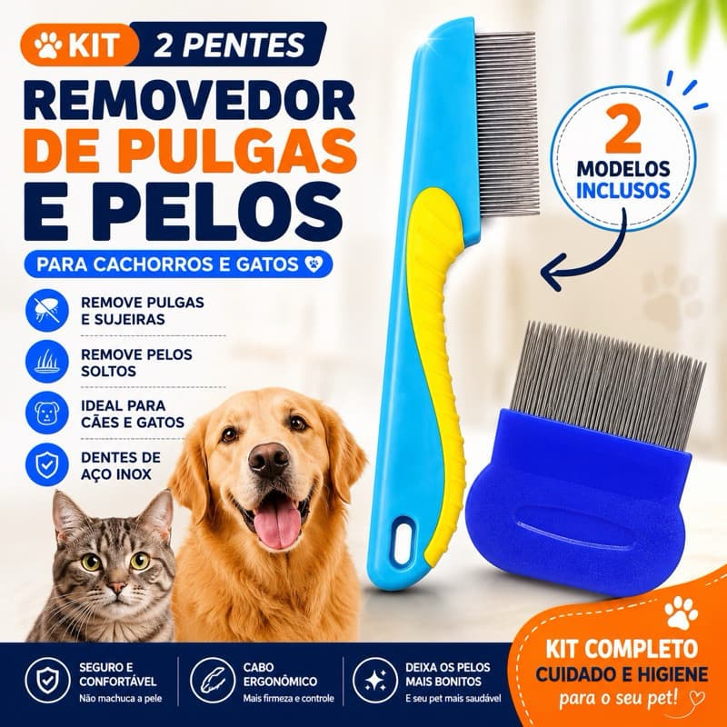 Pente Anti-Pulgas de Gato e cachorro com Agulhas de Aço Inoxidável - Conjunto de para Animais