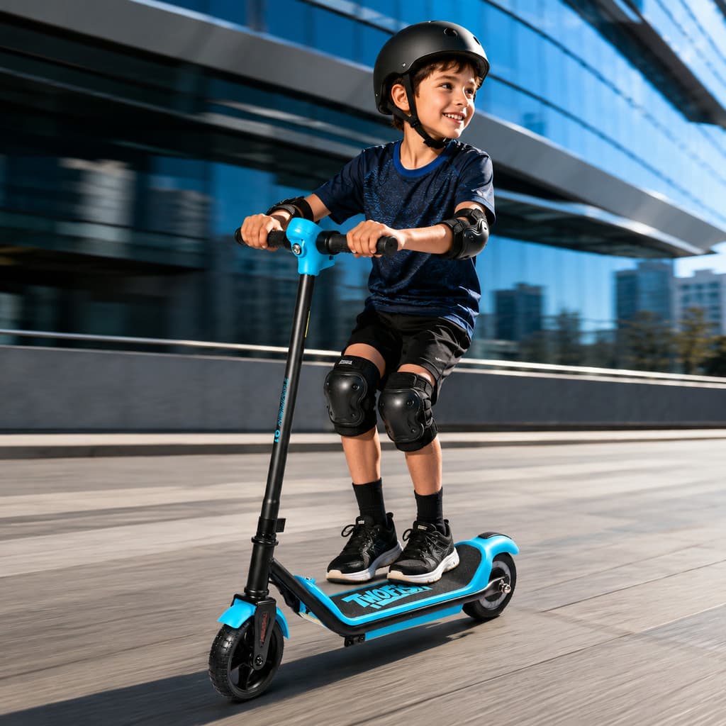 Patinete Elétrico Infantil Q1 com Capacete Joelheiras Cotoveleiras LED e Bluetooth