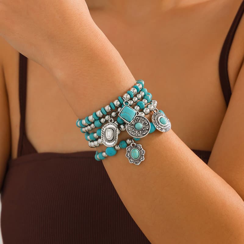 Conjunto BLOSSOM de 5 Pulseiras Turquesa com Contas Feitas à Mão, Acessórios para Pulseiras VA12