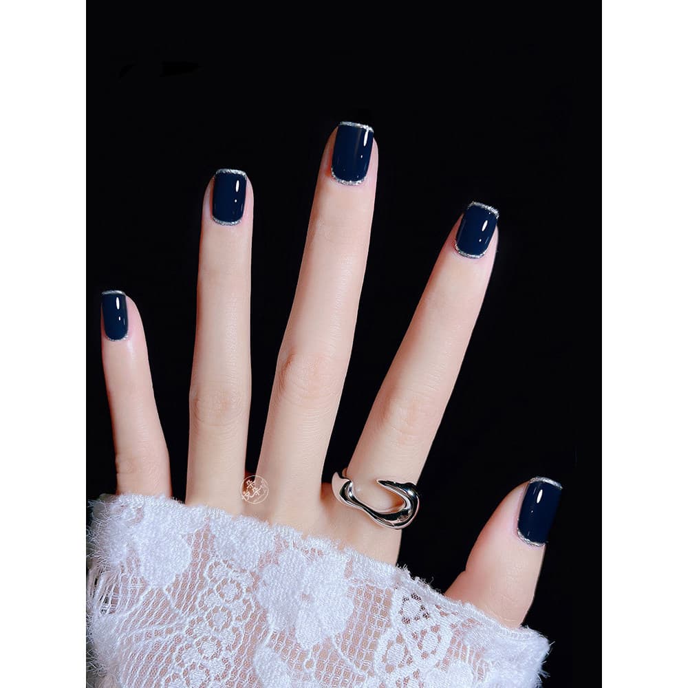 Unhas puras usadas à mão estilo curto clareamento nobre legal tibetano azul fino brilhante remendo borda francesa azul e