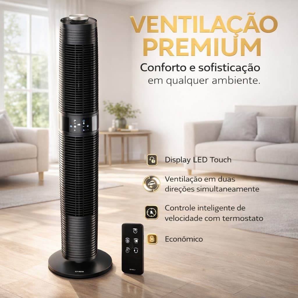 Ventilador de Torre SPIRIT 100cm 360º 65W Preto com Controle Inteligente de Velocidade