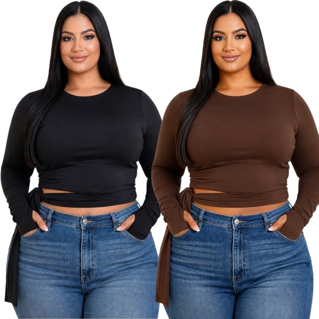 Kit com 2 Tops Cropped Femininos Plus Size em Suplex com Recorte na Cintura e Faixa