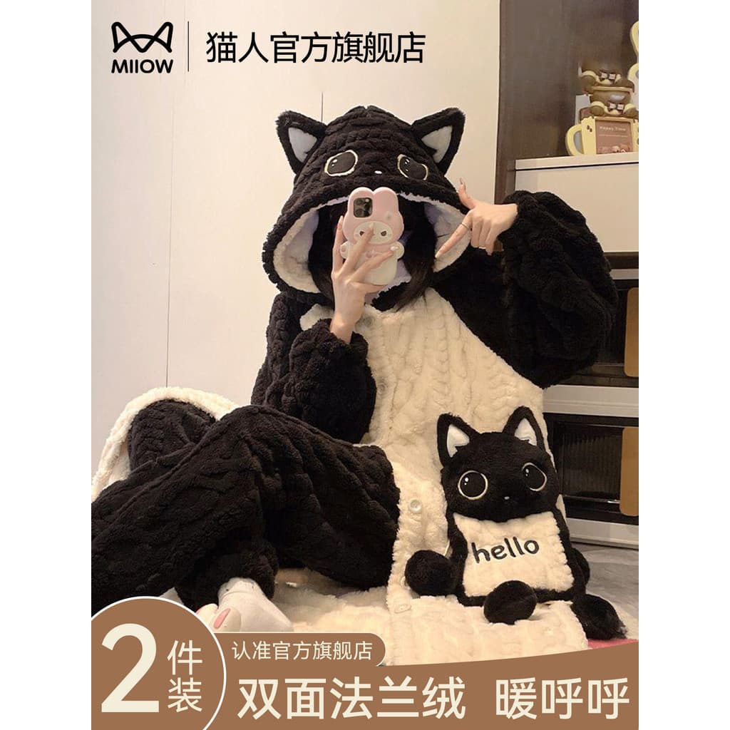 Gato pessoas Coral velo pijamas feminino velo Extra grosso outono inverno 2026 novo estilo flanela quente Homewear terno