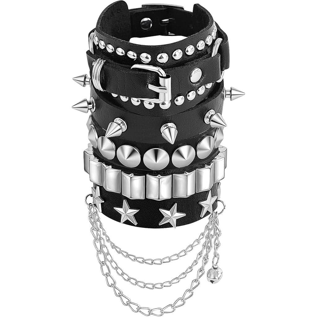 Pulseira De Pontas 4 Unidades Para Homens E Mulheres | Pulseiras Punk Ajustáveis De Couro Preto Com Tachas Rebites Goth
