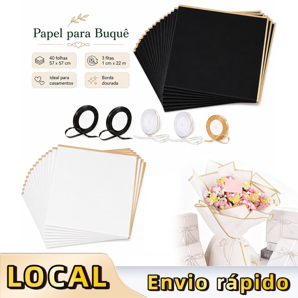 Papel Para Flores e Buquês, Kit 40 Folhas 57x57cm com Borda Dourada e 3 Fitas para Presente