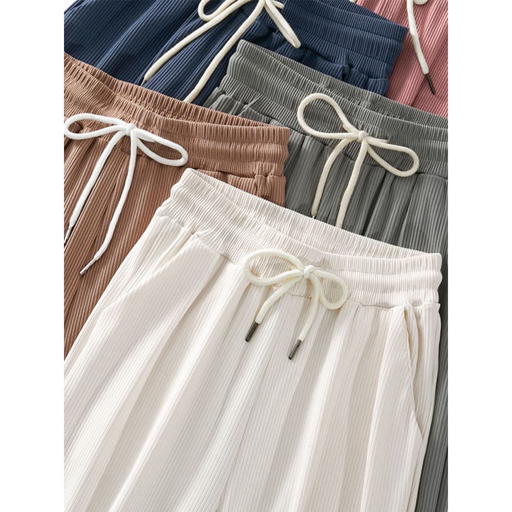 Perna Pick-up desconto roupas femininas de seda gelo calças de perna larga feminino verão cintura alta Drape solto em li