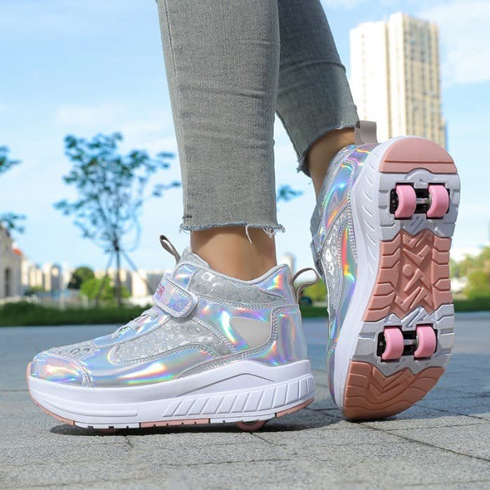 Rampage de salto duplo sapatos de caminhada de quatro rodas menina polia sapatos esportivos estudante deformado patinaçã