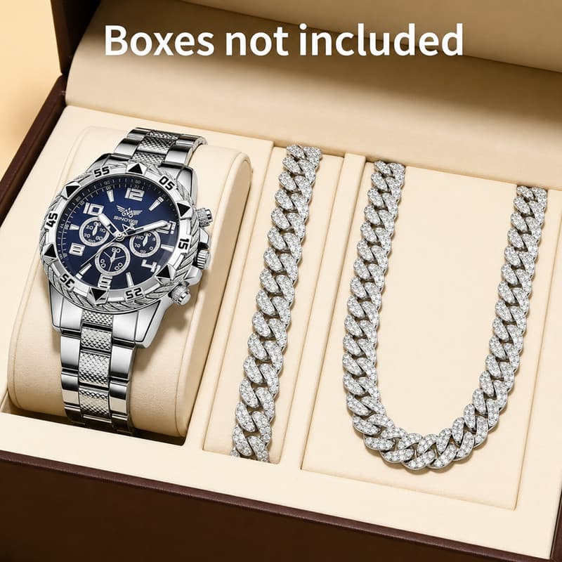 Relógio Masculino Aço Inoxidável + Conjunto Colar e Pulseira Cuban Link Strass | Estilo Hip Hop | Relógio de Quartzo