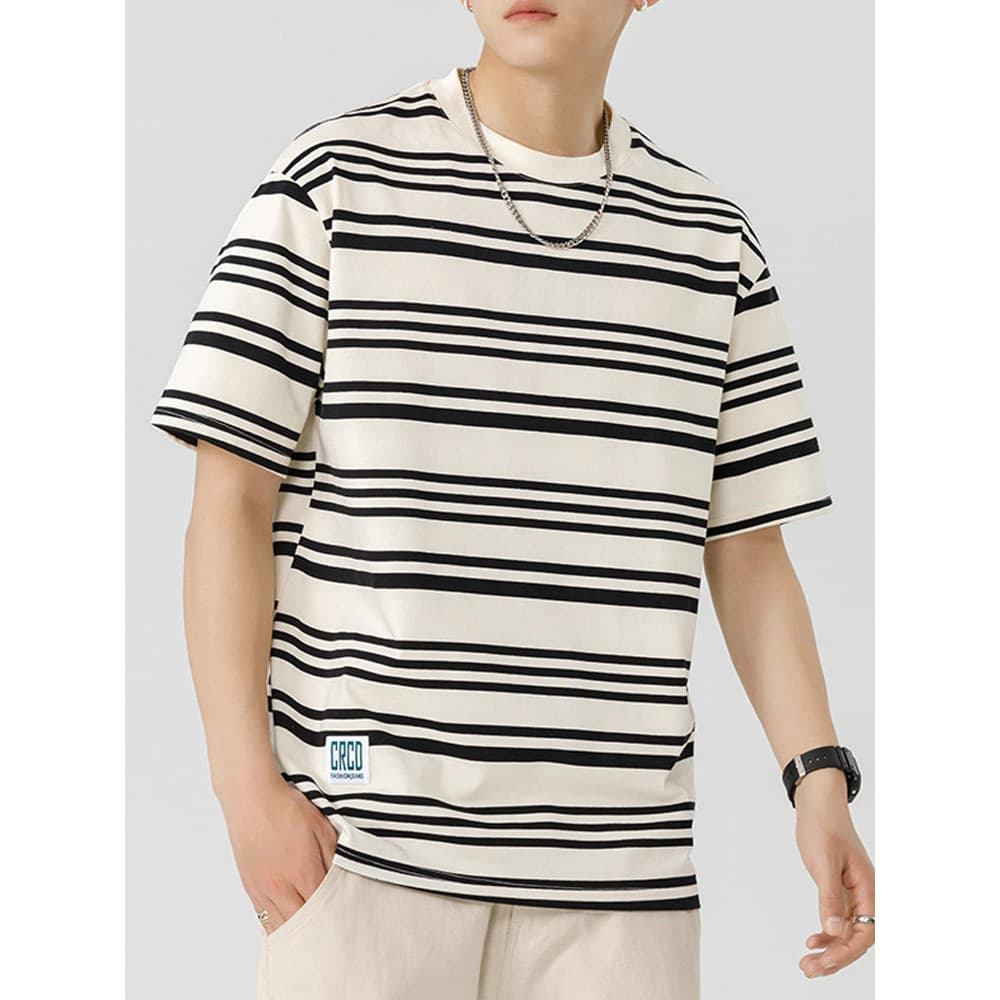 Japonês listrado algodão de manga curta camiseta masculina verão na moda solto casal meia manga camisa adolescente estud