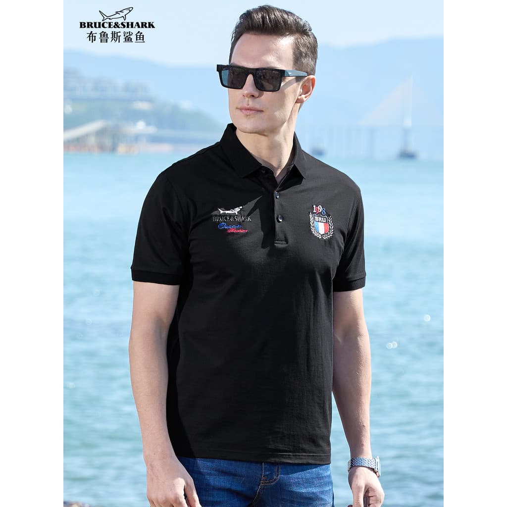 Verão novo estilo mercerizado algodão camiseta masculina fina solta de manga curta Bruce Shark lapela masculina camisa P
