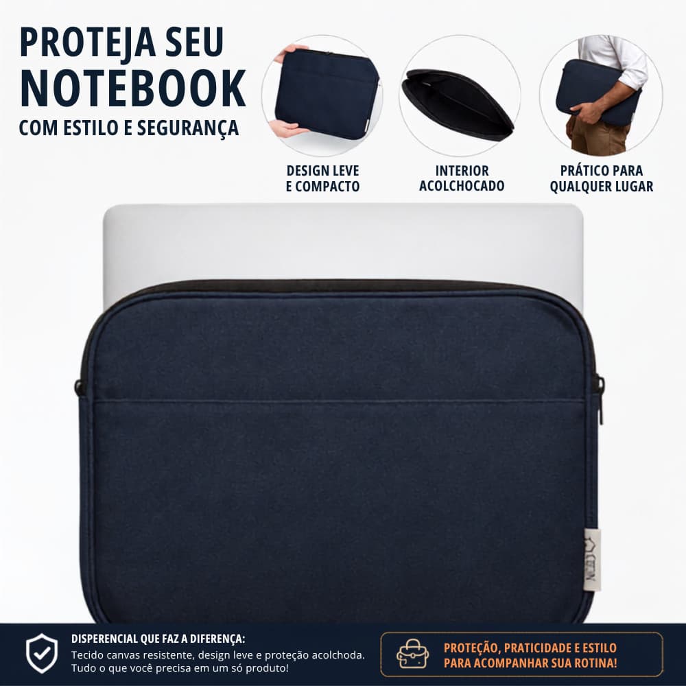 Porta Notebook 15,6" Acolchoado Canvas - Leve, Resistente e com Bolso Frontal